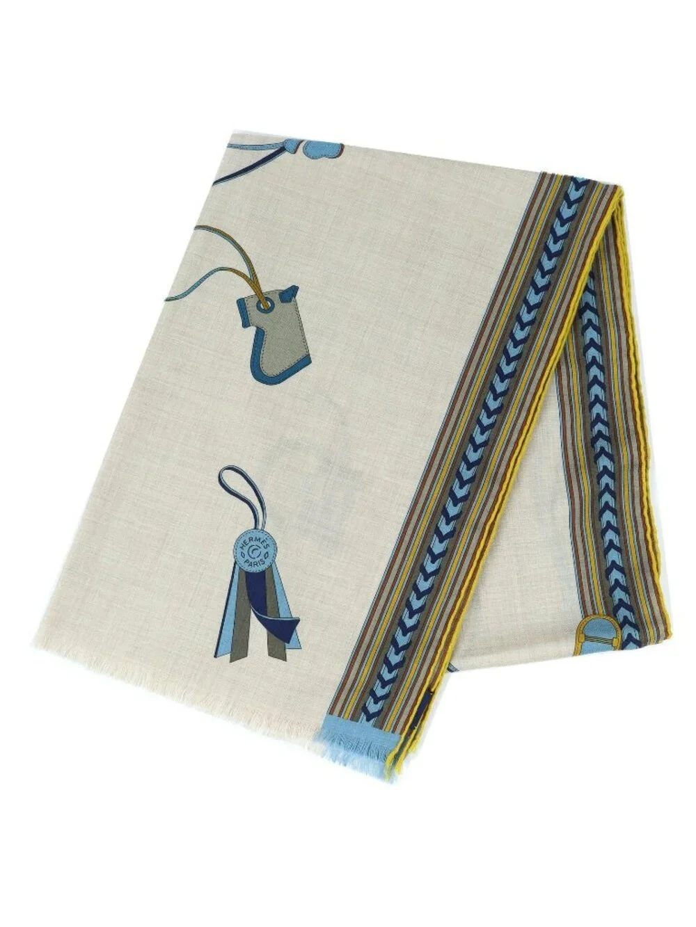 Hermes Rectangle Brides ET Gray Bridle And Charm Cashmere Silk Fringe Scarf